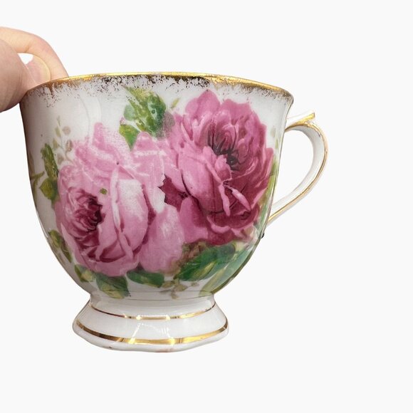 Royal Albert American Beauty Bone China Tea Cup Saucer Pink Green Gilt Floral - Picture 8 of 12